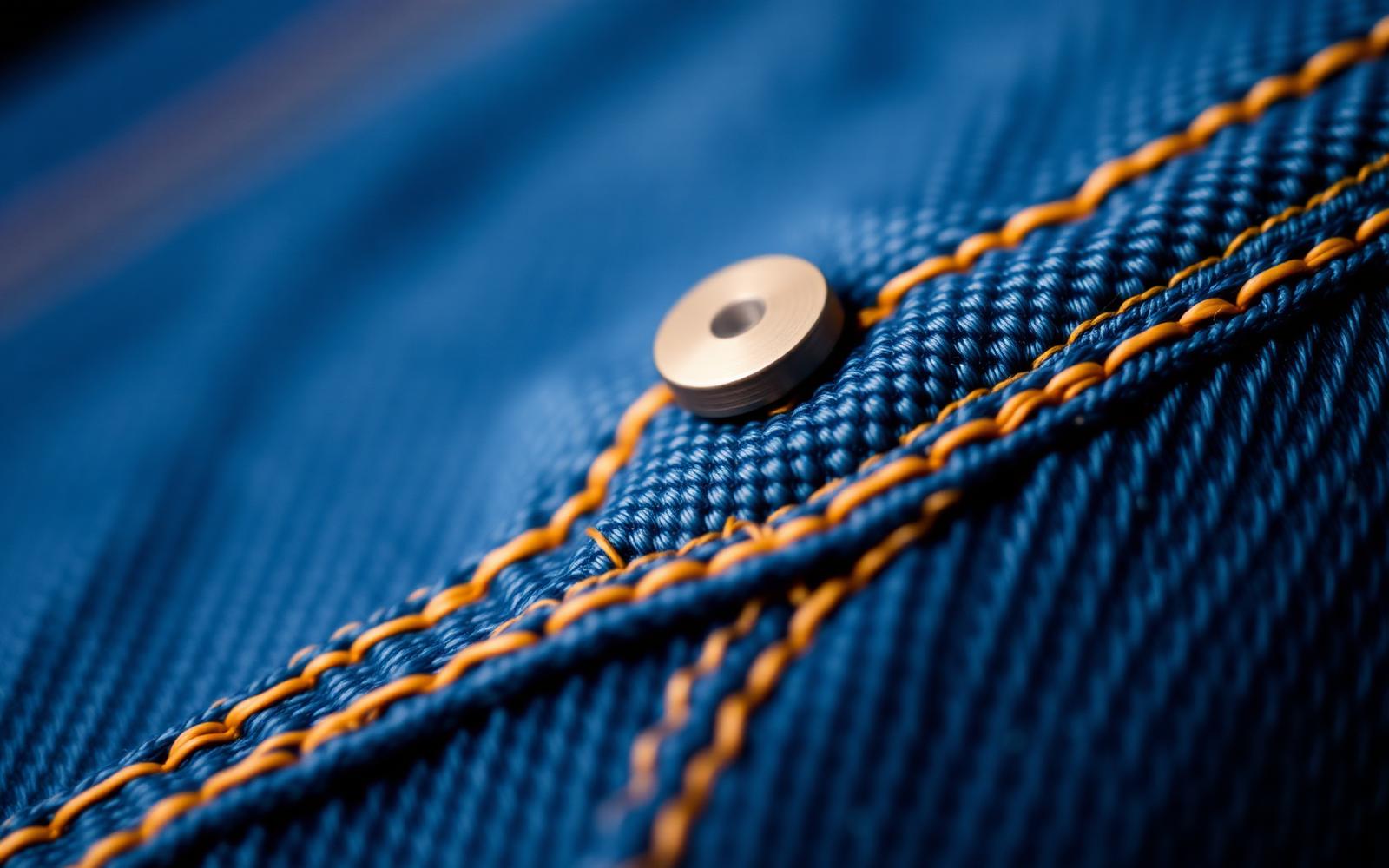 Detalle de denim indigo con remache de cobre y pespunte contrastante