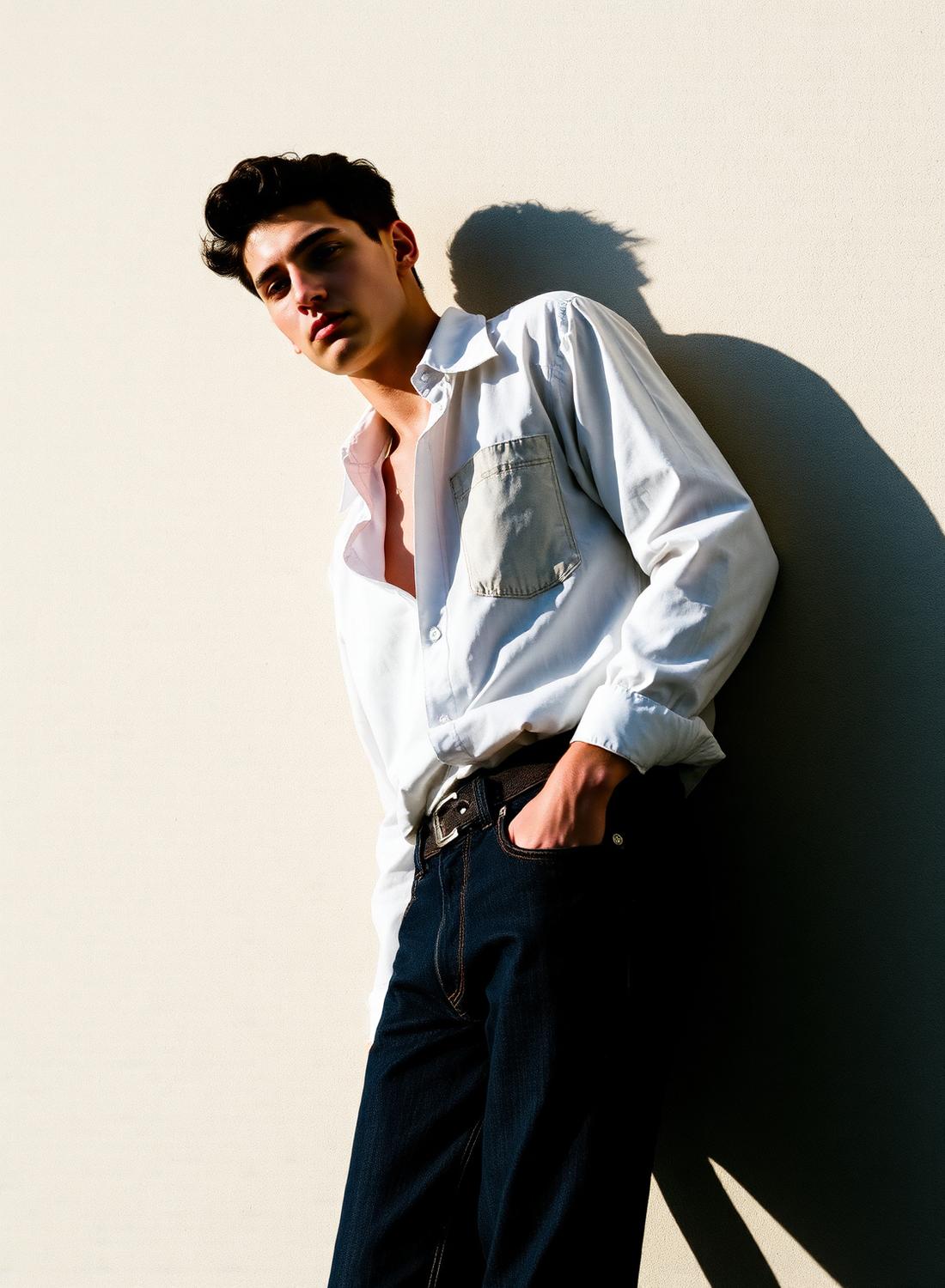 Modelo con jean recto indigo y camisa blanca